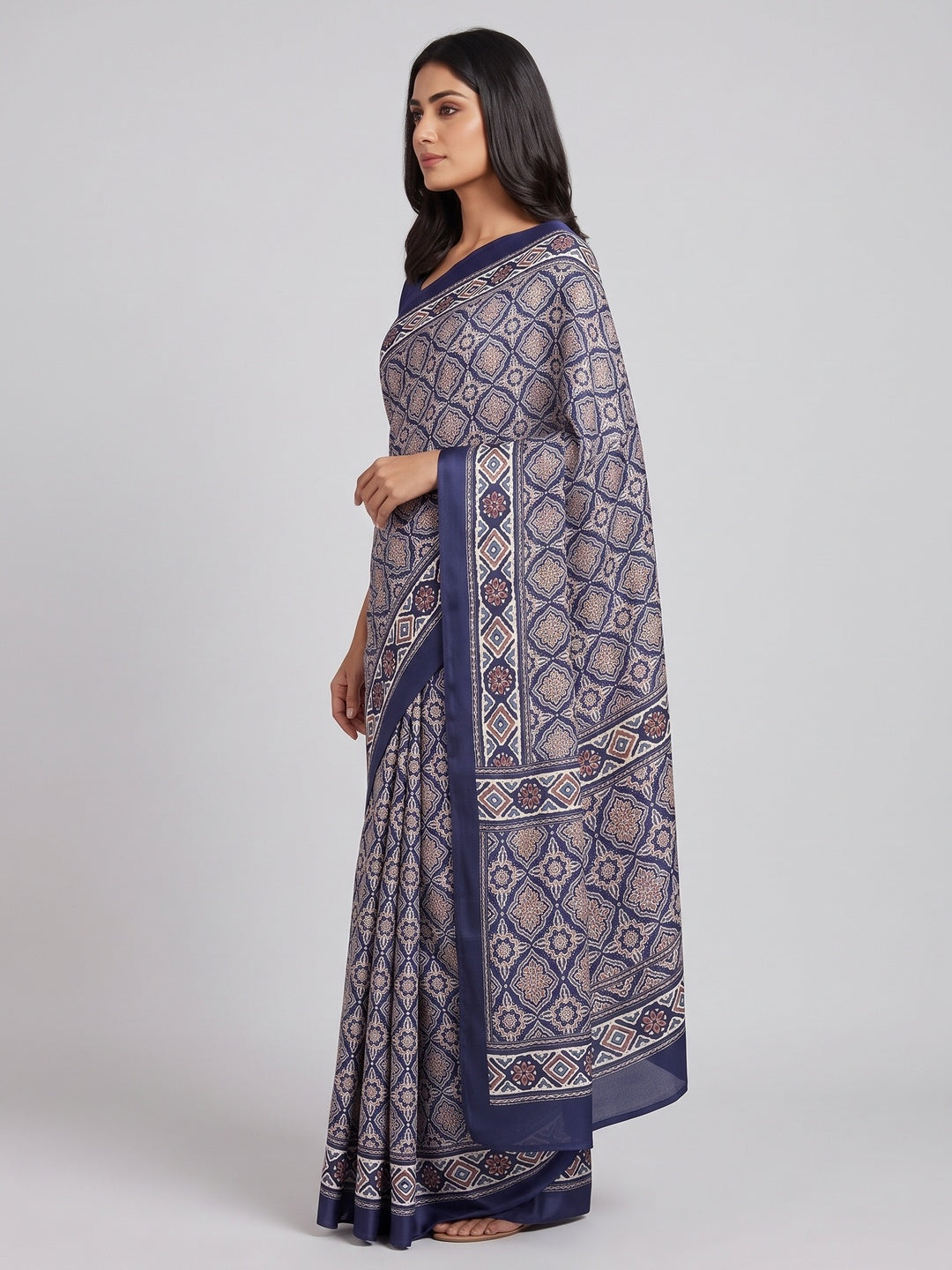 Charming Navy Blue Mill Printed Crepe Silk Saree Adorned With Vibrant Floral Design - Image 3