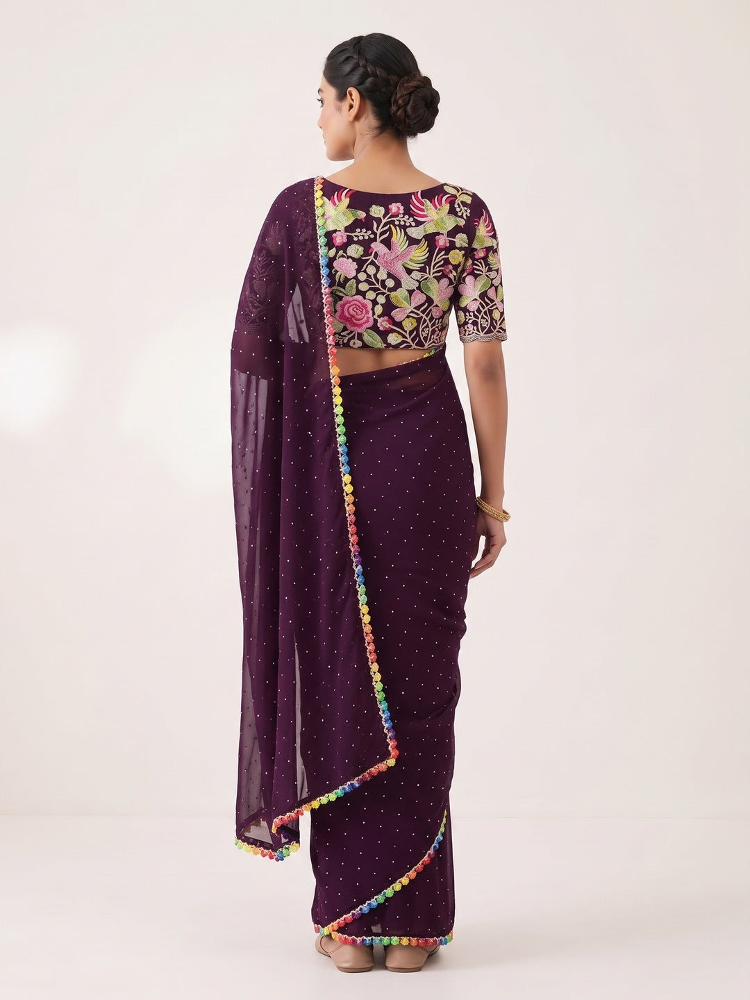 Wine Swarovski Work Embroidered Georgette Saree - Image 2