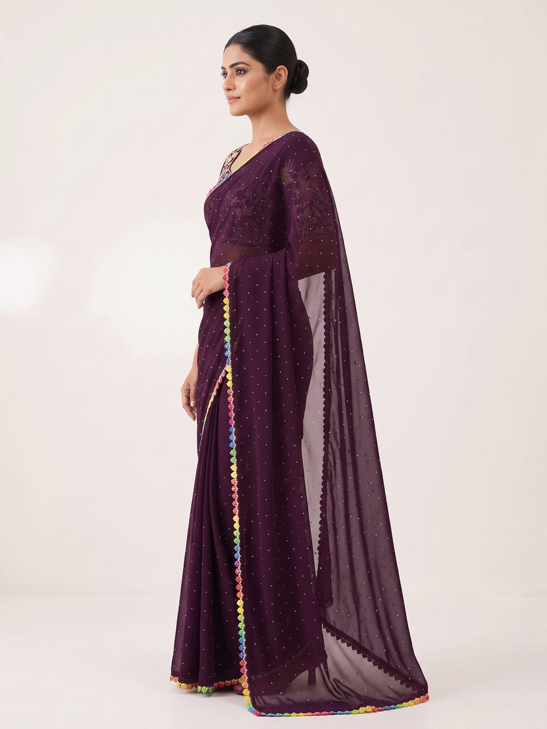 Wine Swarovski Work Embroidered Georgette Saree - Image 3