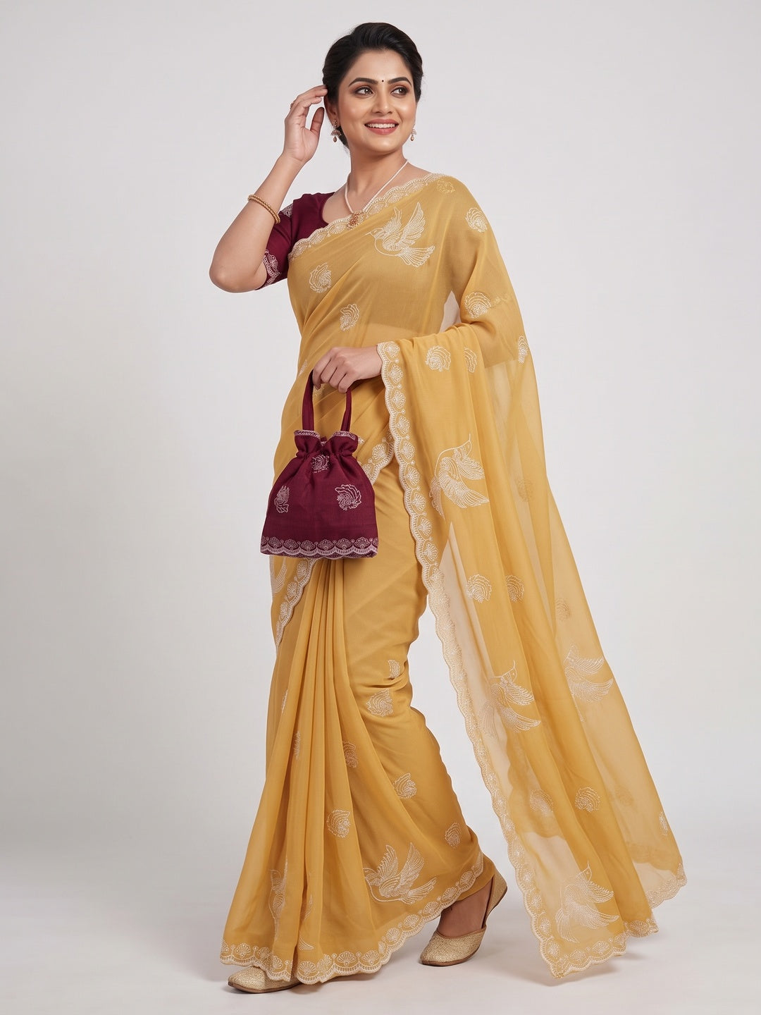 Lightweight Chiffon Saree in Yellow with Exquisite Thread Embroidered Detailing - Image 4