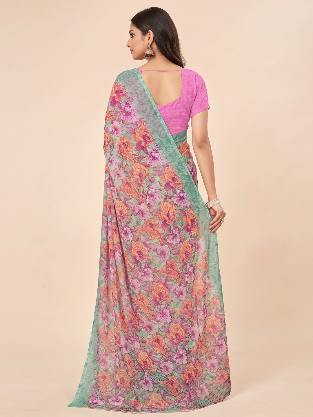 Pink Floral Printed Georgette Saree - Image 2