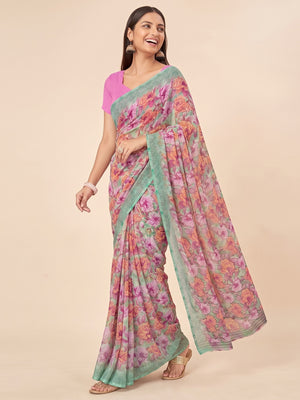 Pink Floral Printed Georgette Saree - Image 4