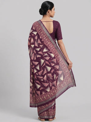 Wine Saree in Brasso with Contemporary Geometric Print - Image 2