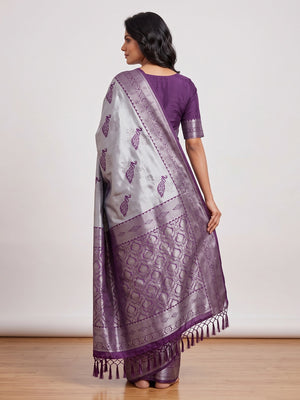 Grey Banarasi Silk Saree Featuring Zari Weaving Peacock Pattern & Luxe Tassels - Image 2