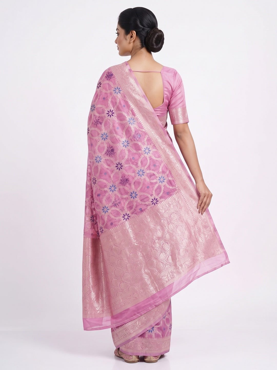 Rich Pink Saree in Banarasi Silk with Heritage Floral Zari Design - Image 2