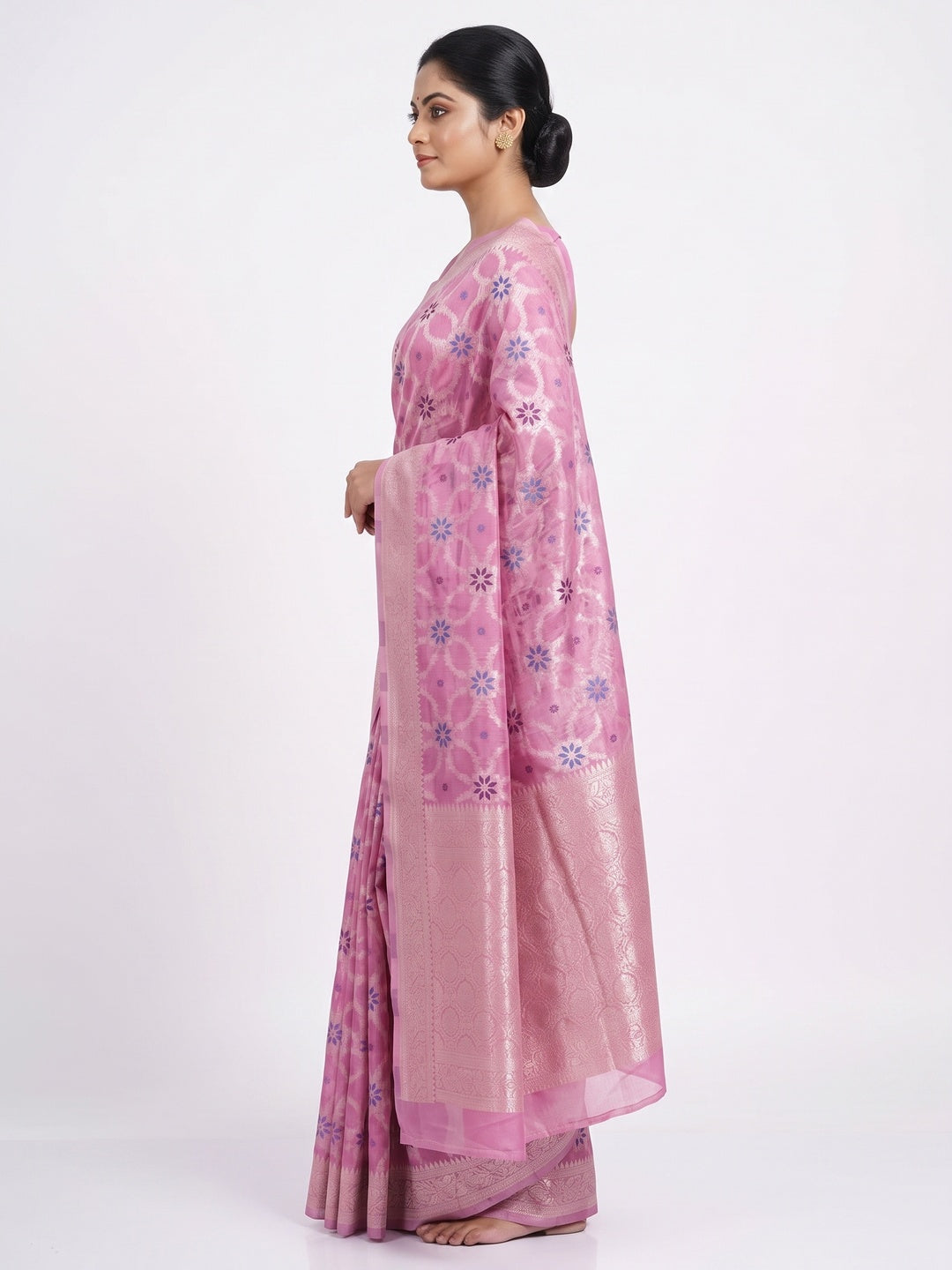 Rich Pink Saree in Banarasi Silk with Heritage Floral Zari Design - Image 3