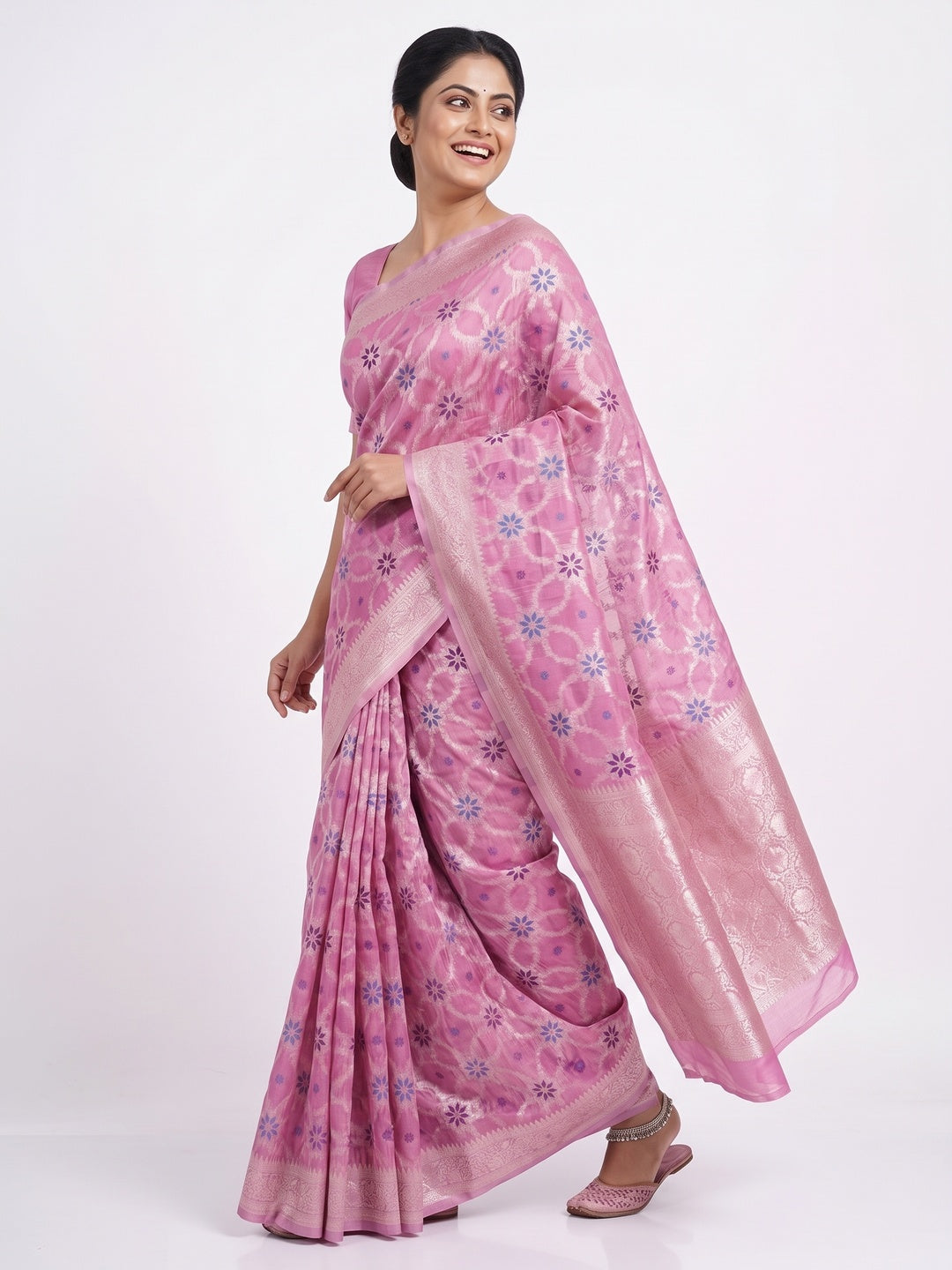 Rich Pink Saree in Banarasi Silk with Heritage Floral Zari Design - Image 4
