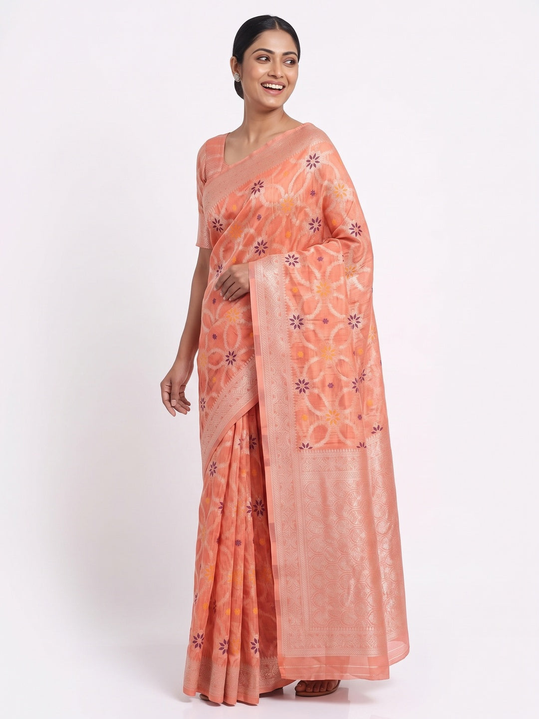 Rich Peach Saree in Banarasi Silk with Heritage Floral Zari Design - Image 4