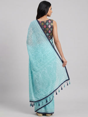 Turquoise Floral Printed Georgette Saree - Image 2