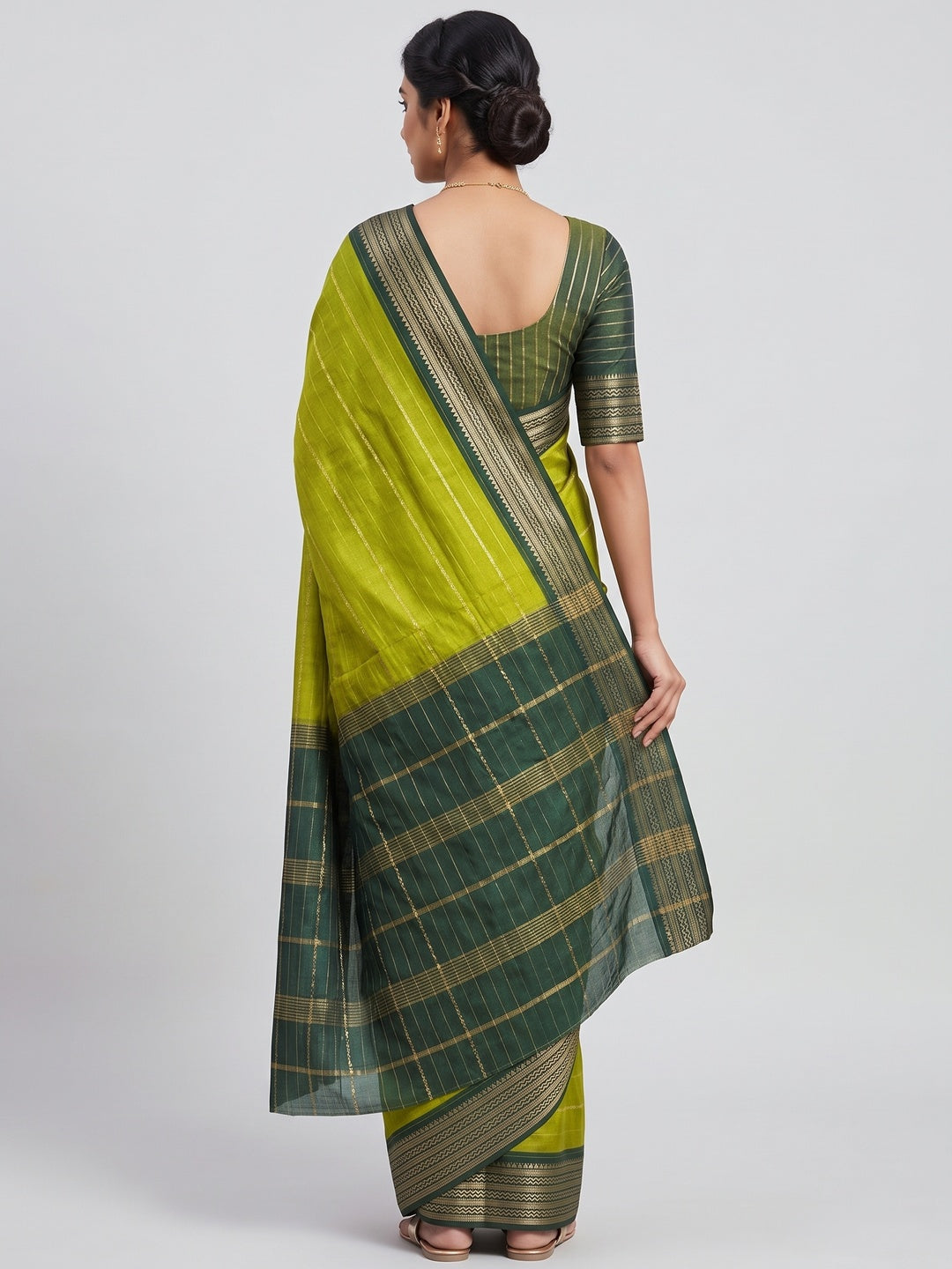 Parrot Green Jacquard Saree With Contemporary Striped Pattern Accented By Rich Zari Weaving - Image 2