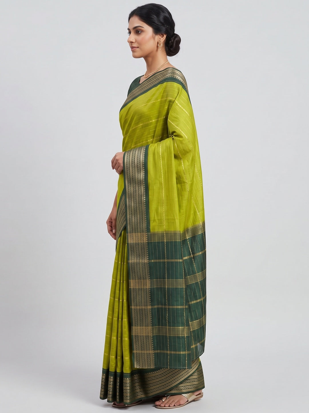 Parrot Green Jacquard Saree With Contemporary Striped Pattern Accented By Rich Zari Weaving - Image 3