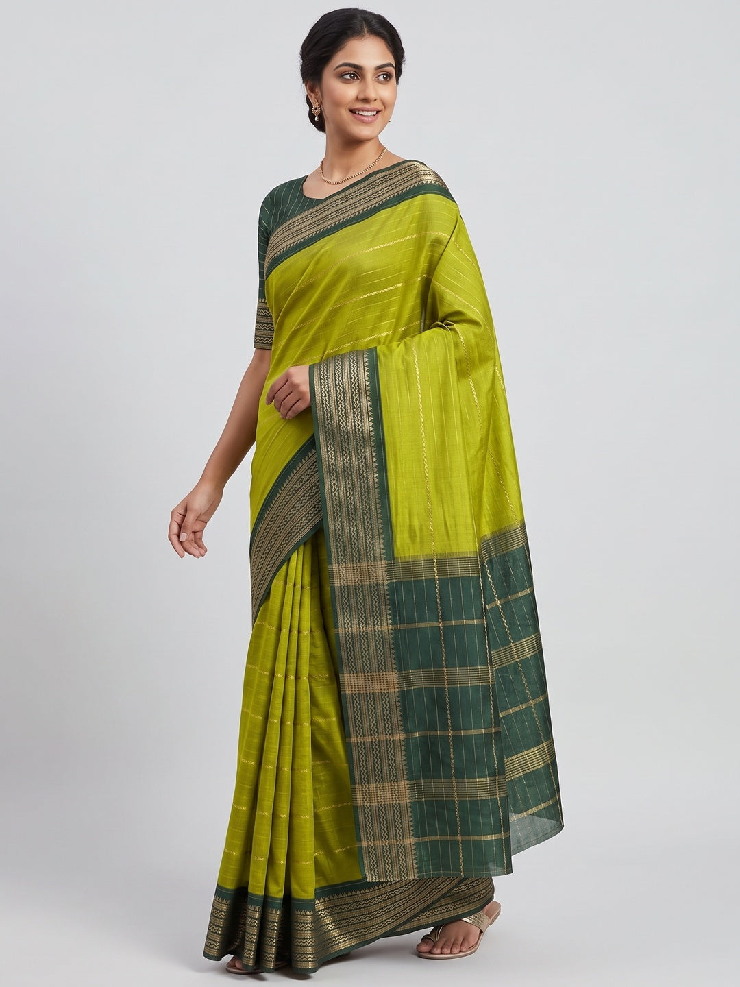 Parrot Green Jacquard Saree With Contemporary Striped Pattern Accented By Rich Zari Weaving - Image 4