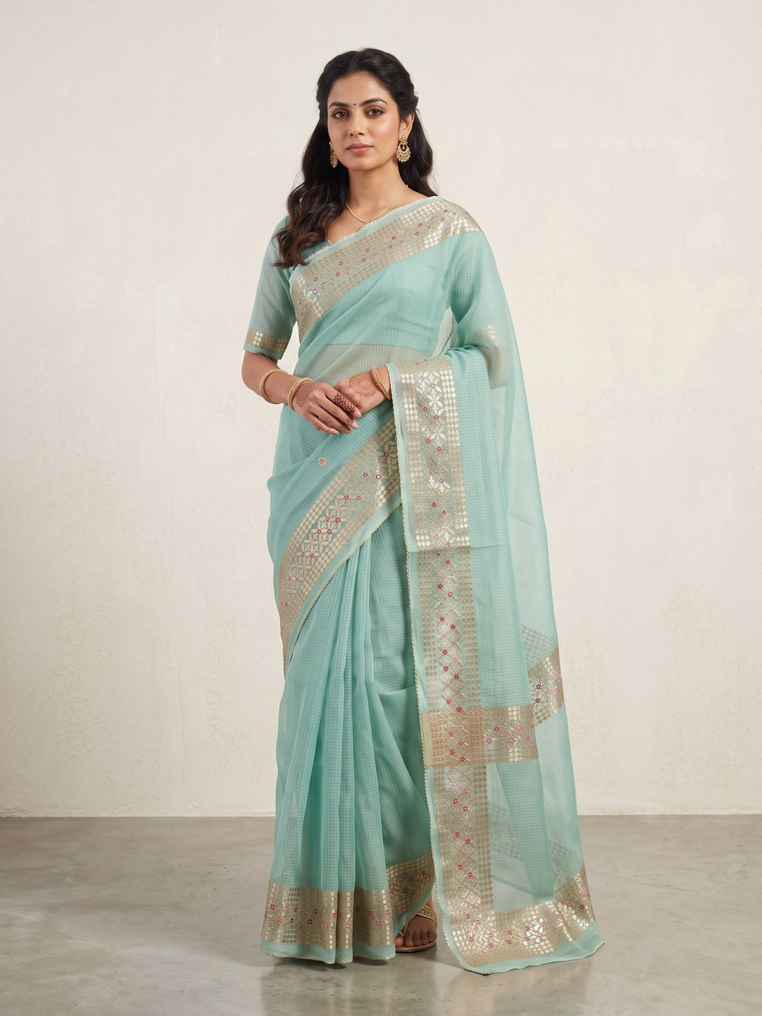 Sea Green Ethnic Kota Doria Saree Designed with Beautiful Traditional Gota Embroidery - Image 4