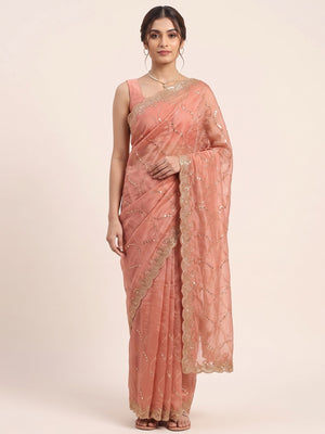 Peach Partywear Organza Chiffon Silk Saree Highlighted with Fine Sequins Detailing - Image 1