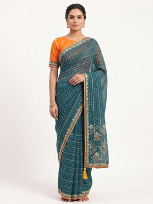 Charming Teal Bandhani Printed Georgette Saree With Glittering Sequins & Zari Border - Image 6