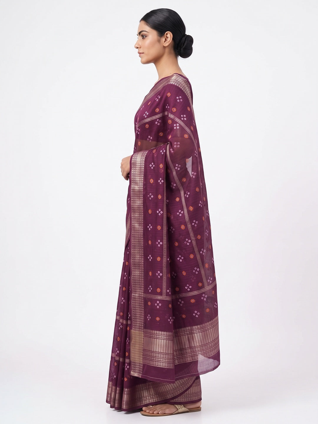 Classic Wine Art Silk Saree With Striped Weaving & Traditional Bandhani Print - Image 3