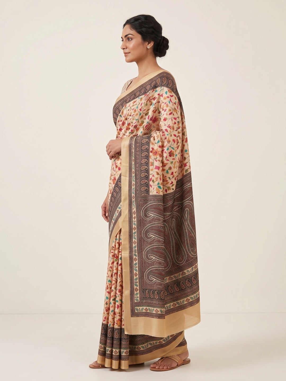 Cream Floral Digital Printed Pashmina Saree - Image 3