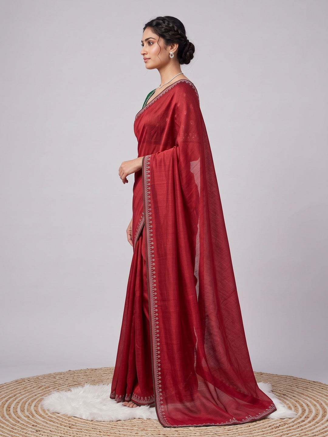 Red Partywear Vichitra Silk Saree Featuring Exquisite Swarovski Stone Work - Image 7