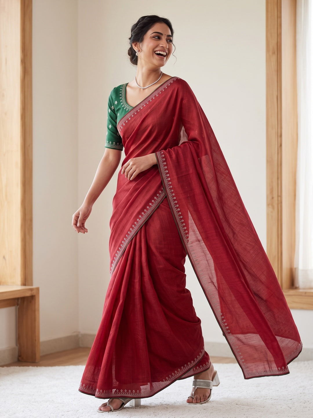 Red Partywear Vichitra Silk Saree Featuring Exquisite Swarovski Stone Work - Image 8