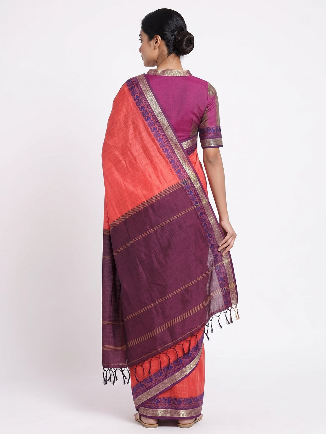 Coral Red Pure Handloom Silk Saree with an Elegantly Woven Jacquard Border - Image 2