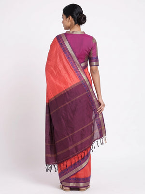 Coral Red Pure Handloom Silk Saree with an Elegantly Woven Jacquard Border - Image 2