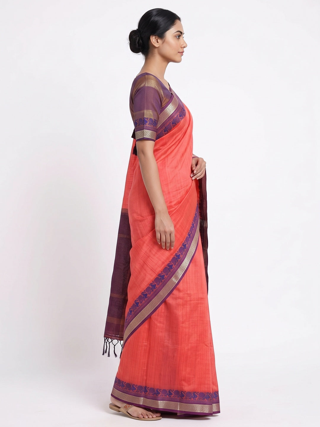 Coral Red Pure Handloom Silk Saree with an Elegantly Woven Jacquard Border - Image 3