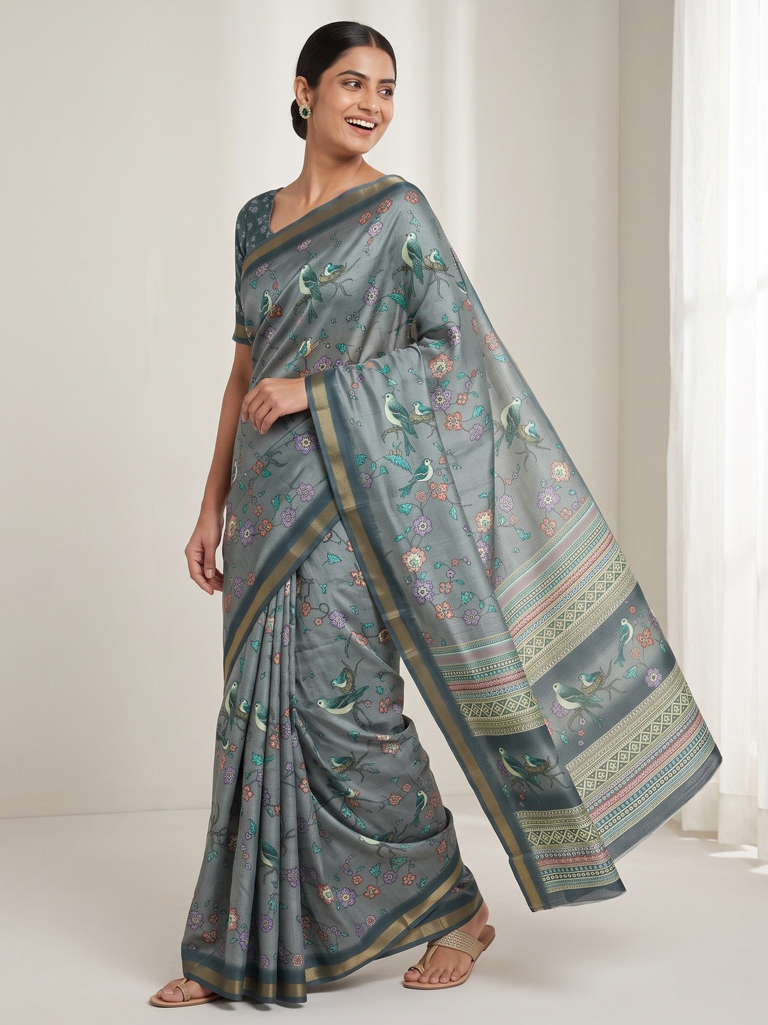 Grey Floral & Bird Digital Printed Dola Silk Saree With Elegant Zari Border - Image 4