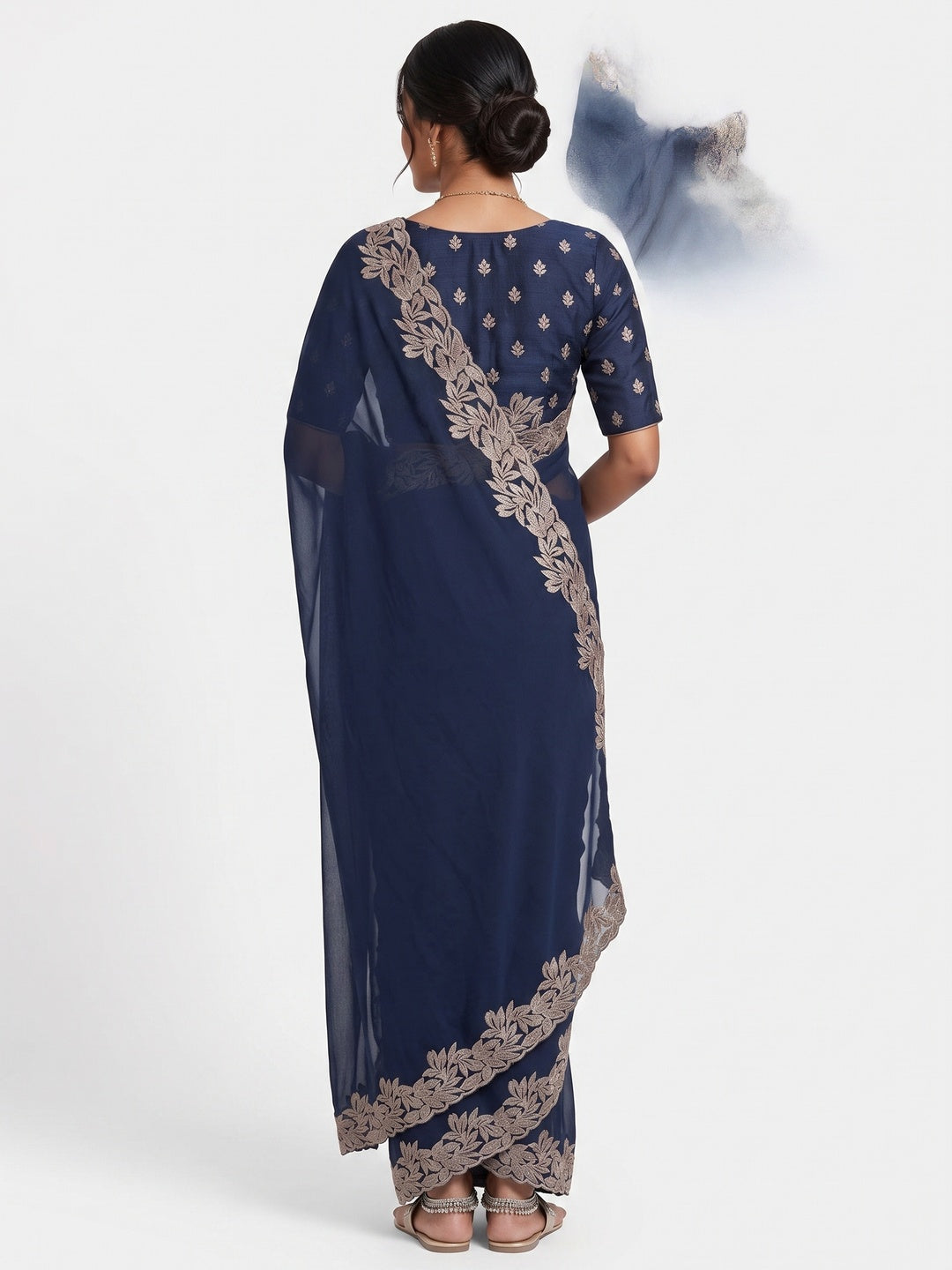 Stylish Blue Star Chiffon Saree with Traditional Zari Embellished Border - Image 2