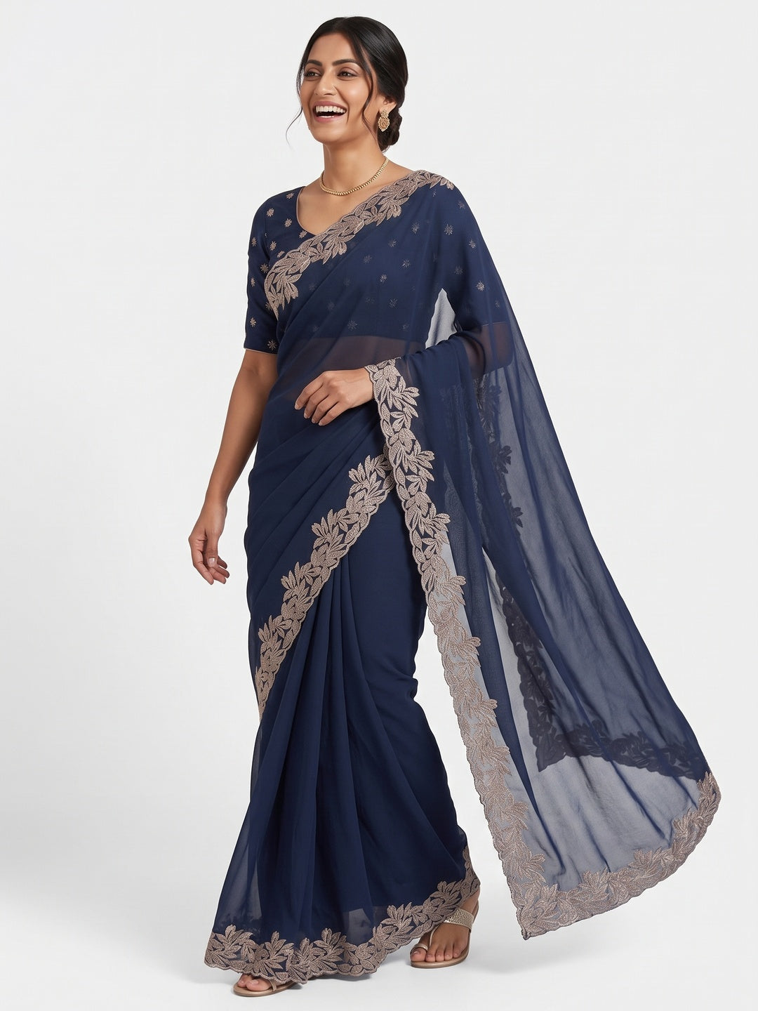 Stylish Blue Star Chiffon Saree with Traditional Zari Embellished Border - Image 4
