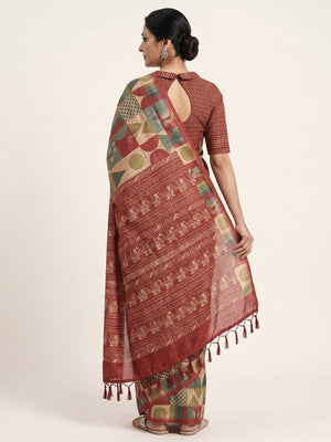 Beige Geometric Printed Tussar Silk Blend Festive Saree with Elegant Textured Finish - Image 2