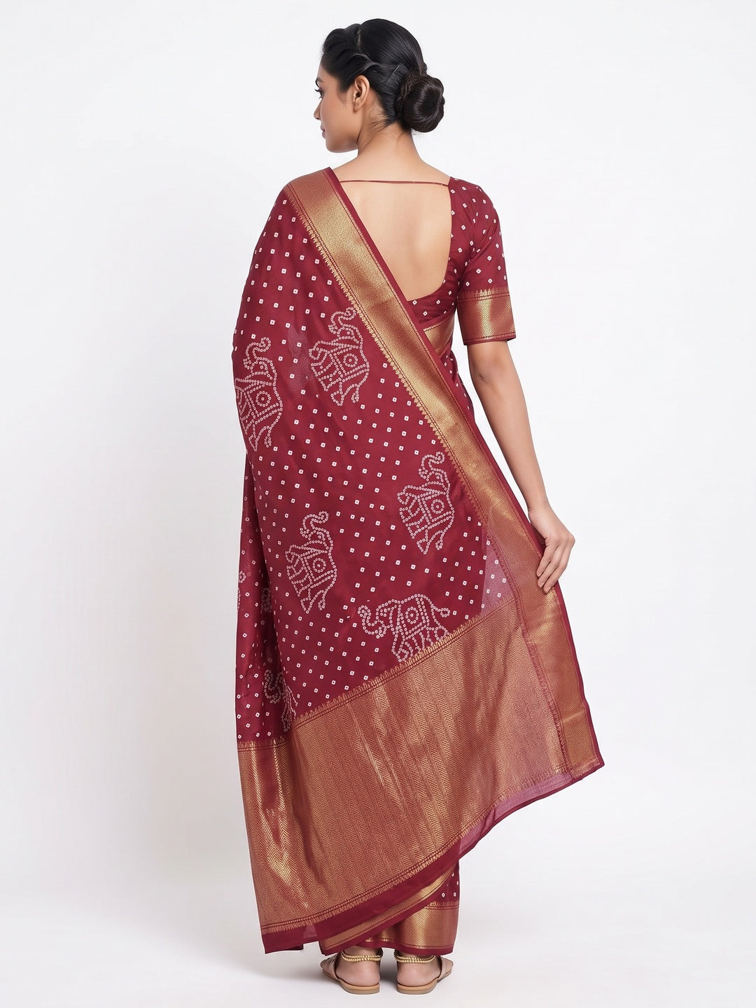 Maroon Dola Silk Saree Featuring Traditional Bandhani Print & Elegant Weaving Border - Image 2