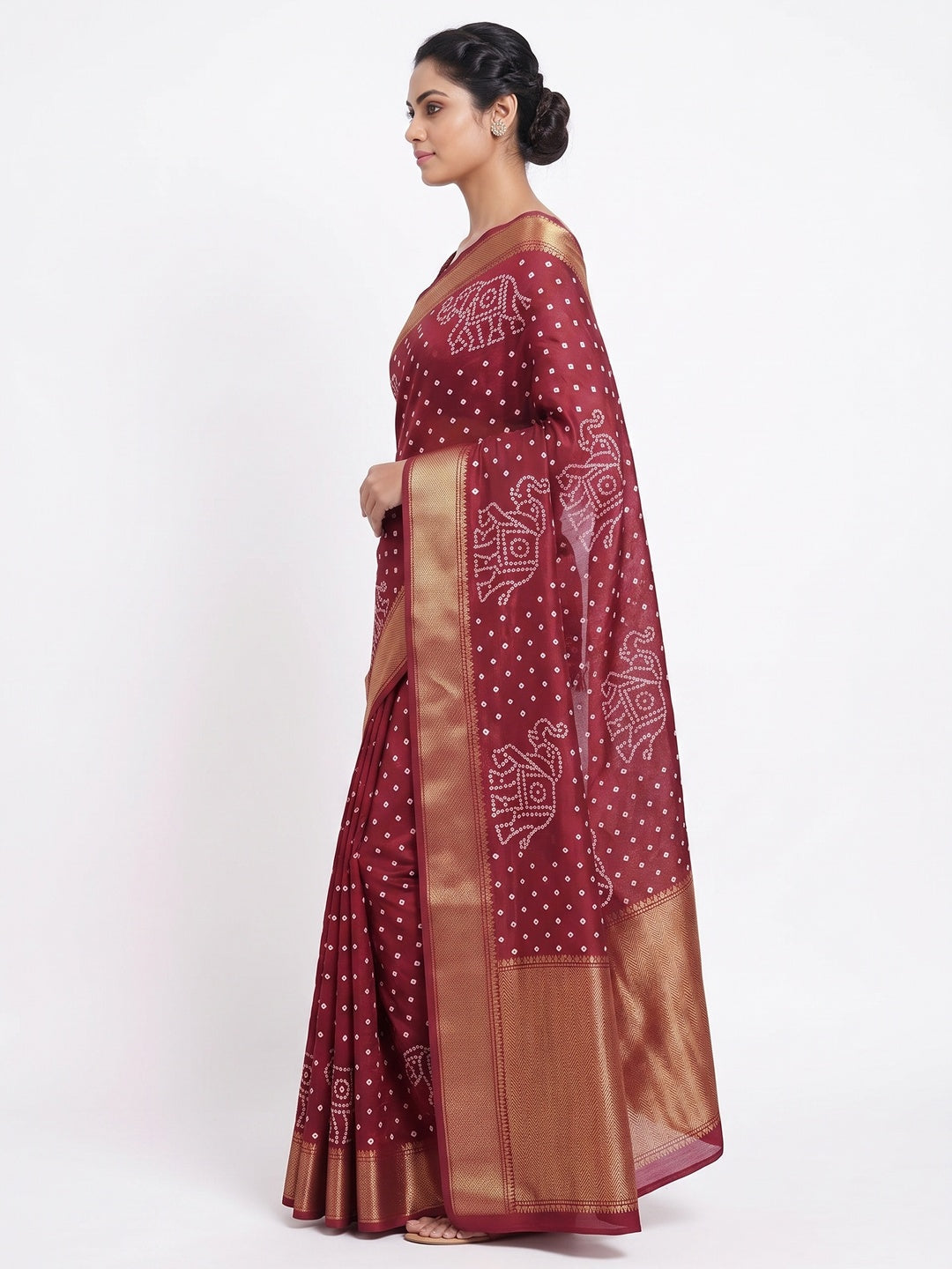 Maroon Dola Silk Saree Featuring Traditional Bandhani Print & Elegant Weaving Border - Image 3