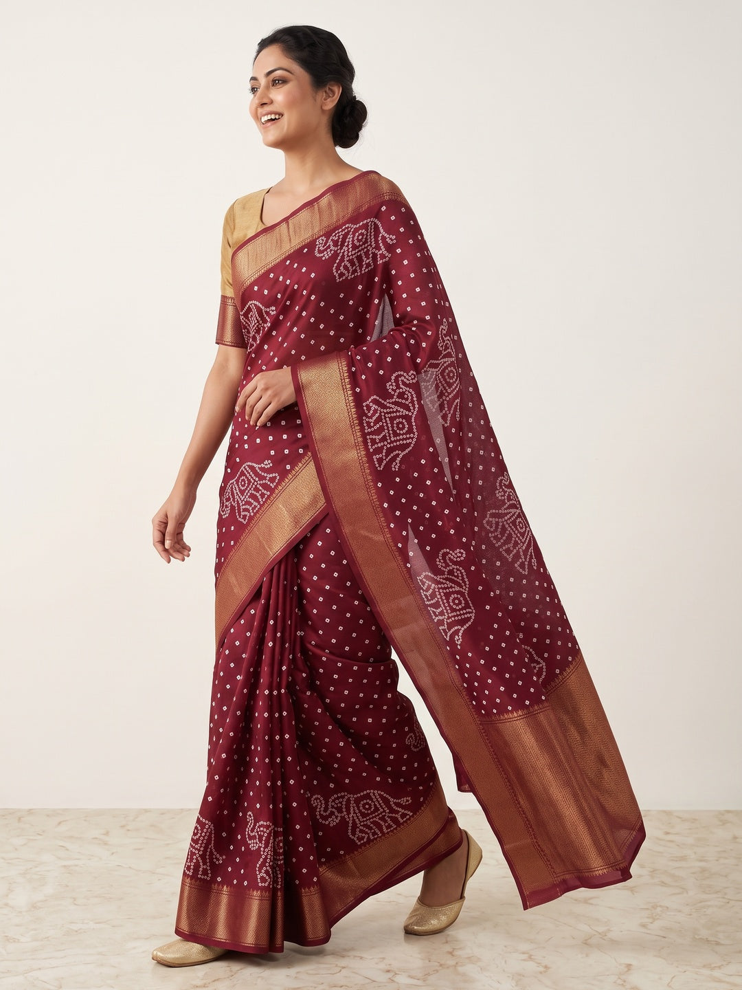 Maroon Dola Silk Saree Featuring Traditional Bandhani Print & Elegant Weaving Border - Image 4