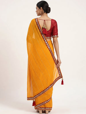 Charming Mustard Bandhani Printed Georgette Saree With Glittering Sequins & Zari Border - Image 2
