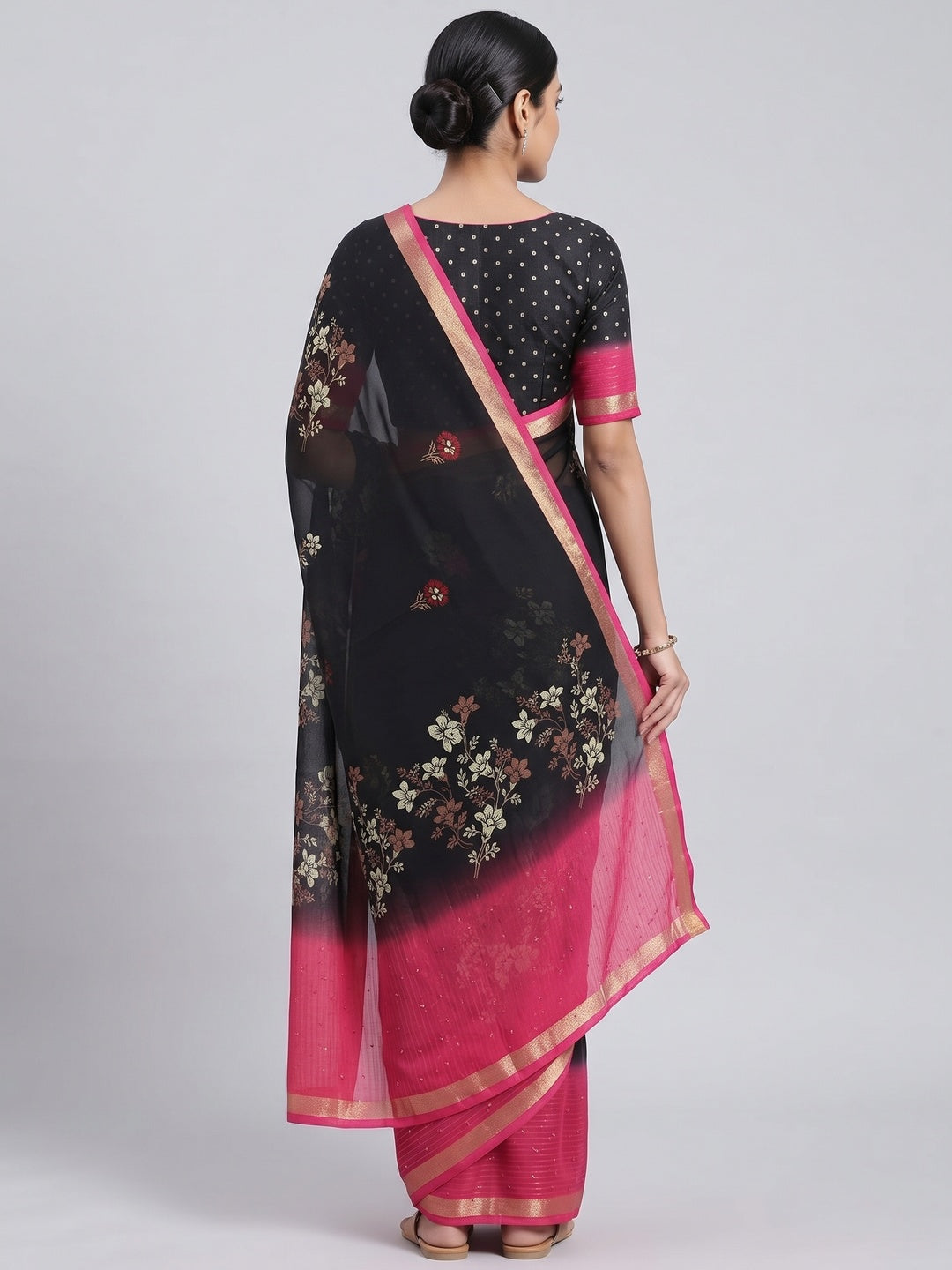 Black Floral Printed Moss Georgette Saree With Elegant Zari & Sequins Border Work - Image 2