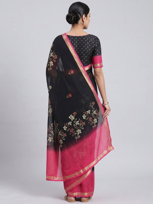 Black Floral Printed Moss Georgette Saree With Elegant Zari & Sequins Border Work - Image 2