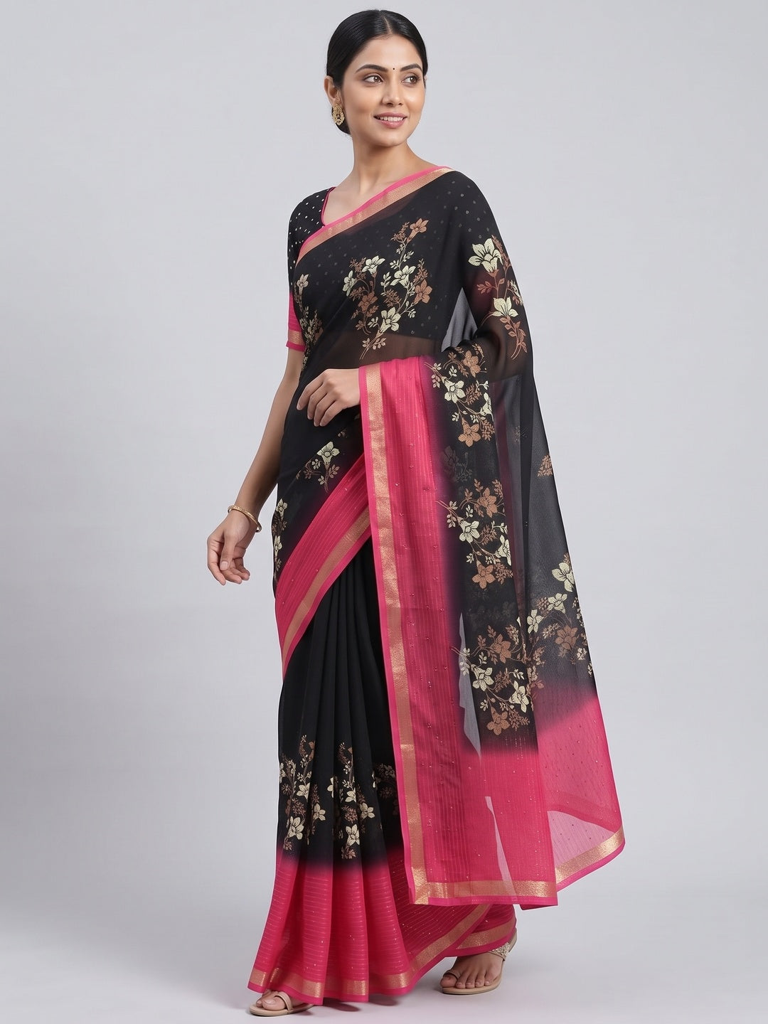 Black Floral Printed Moss Georgette Saree With Elegant Zari & Sequins Border Work - Image 4
