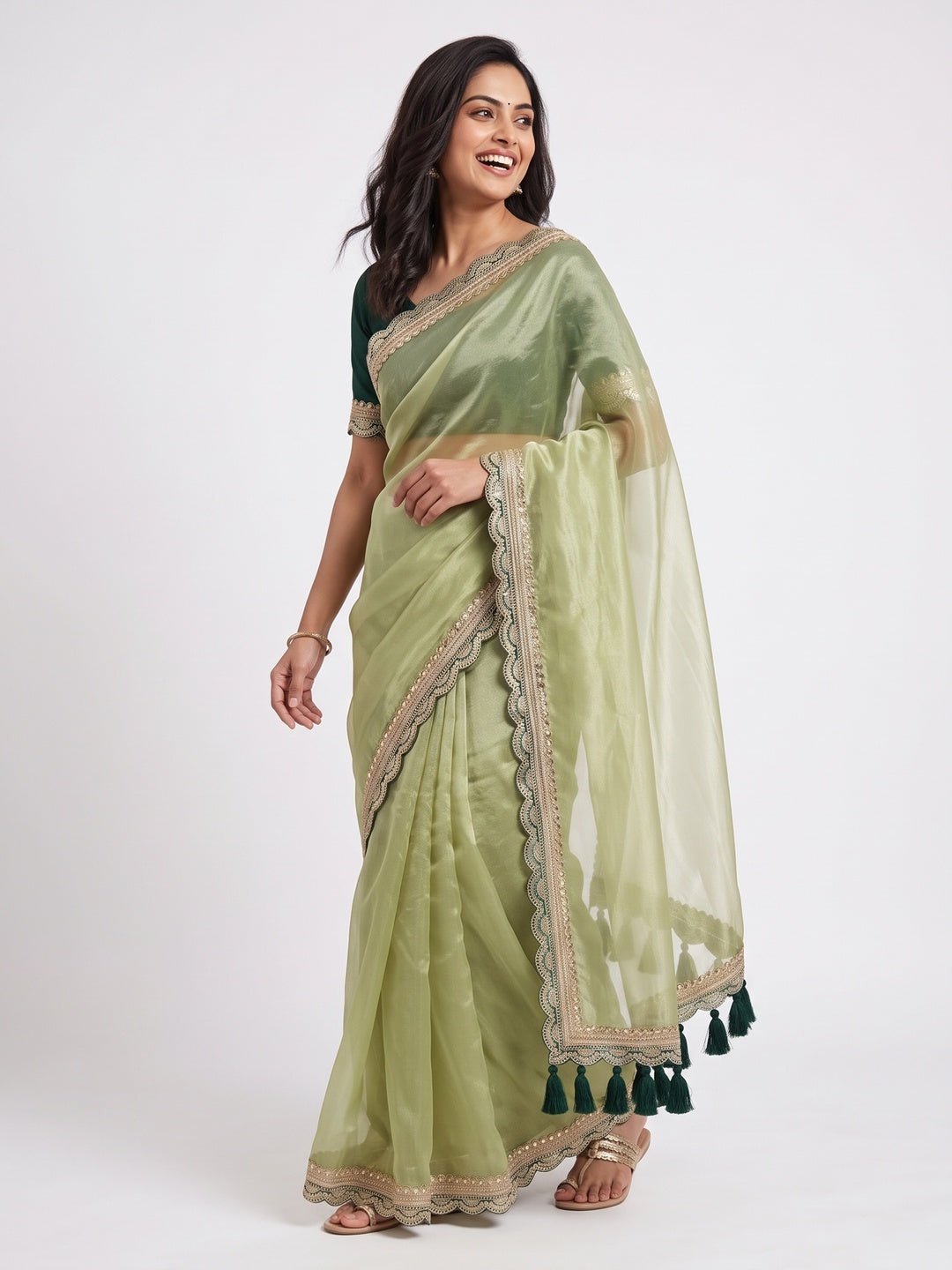 Pista Green Net Saree With Intricate Sequin Embroidery & Tassel Embellished Pallu - Image 4