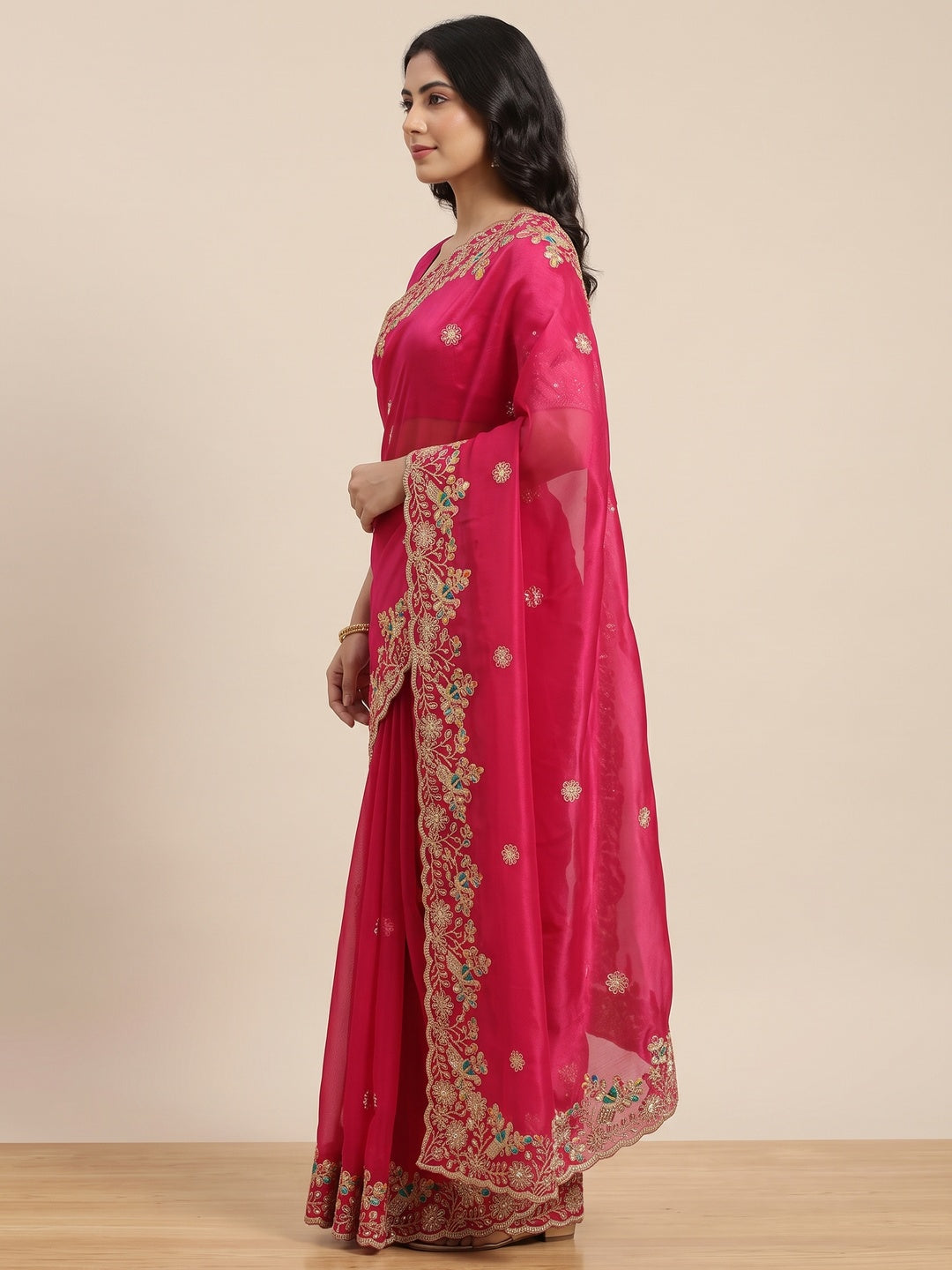 Pink Floral Embroidered Lightweight Organza Satin Silk Saree for Party and Festive Wear - Image 4