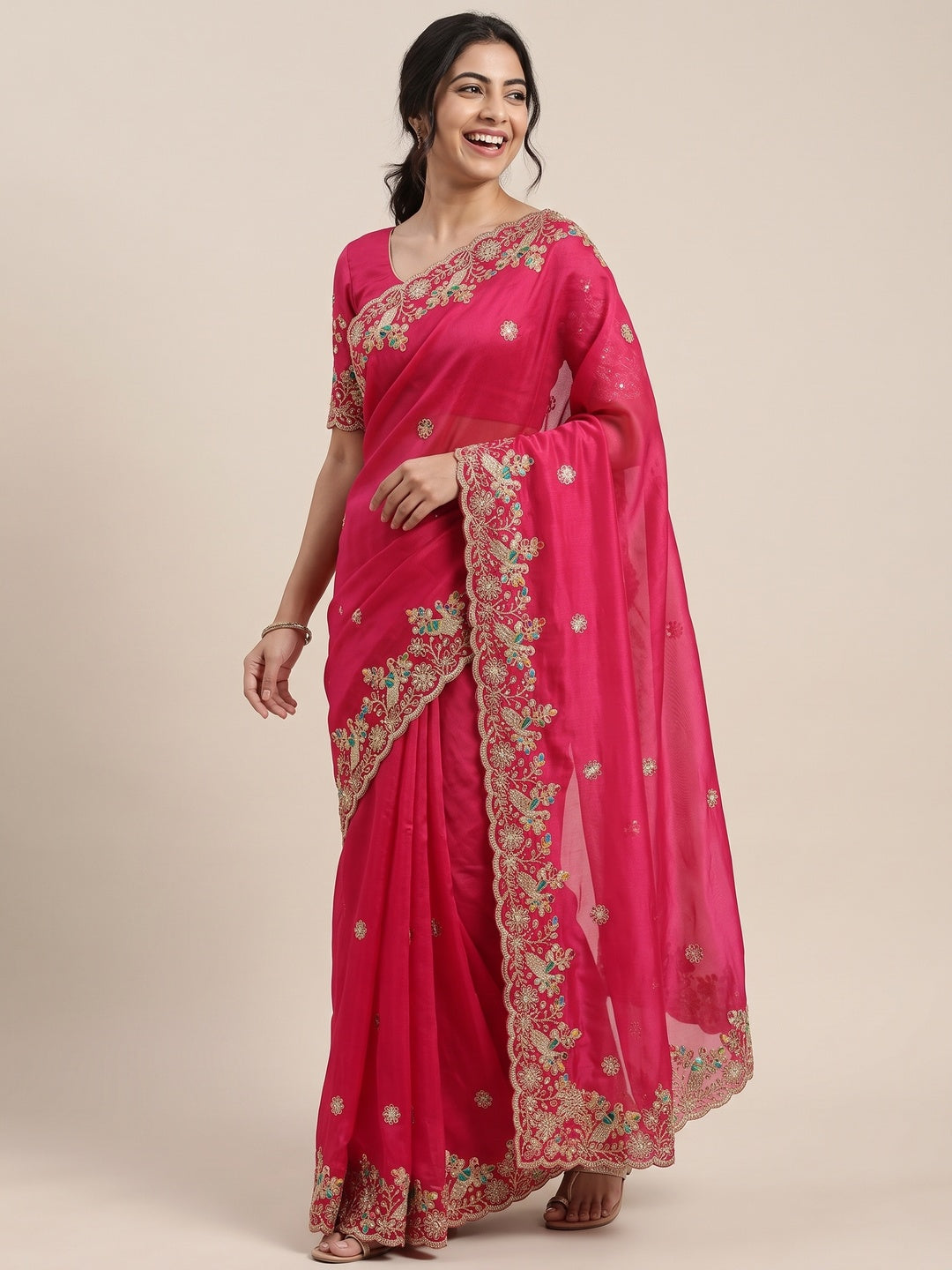 Pink Floral Embroidered Lightweight Organza Satin Silk Saree for Party and Festive Wear - Image 5