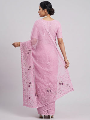 Pink Floral Sequins Embroidered Art Silk Crush Saree - Image 2