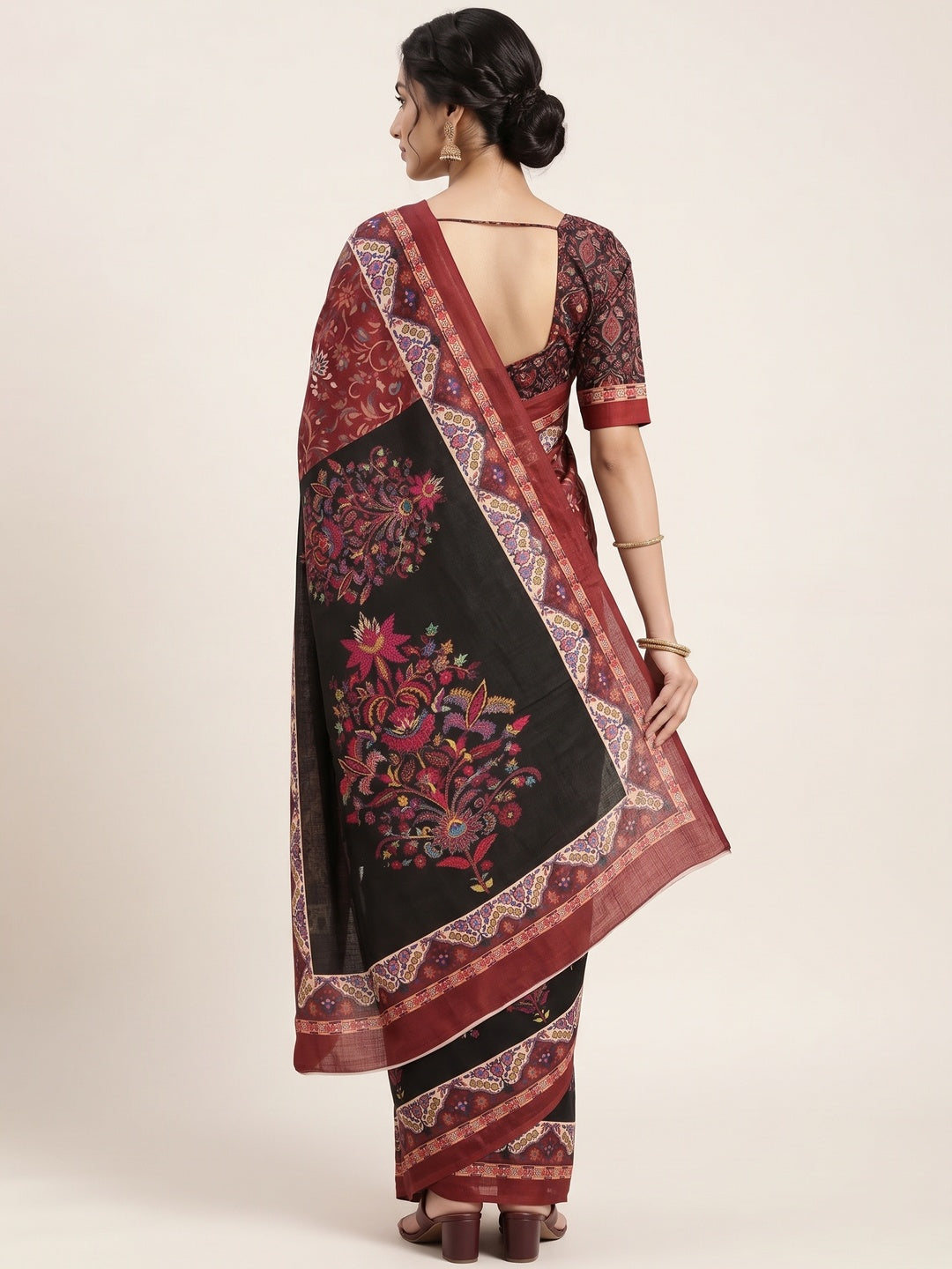 Maroon Floral Digital Printed Pashmina Saree - Image 2