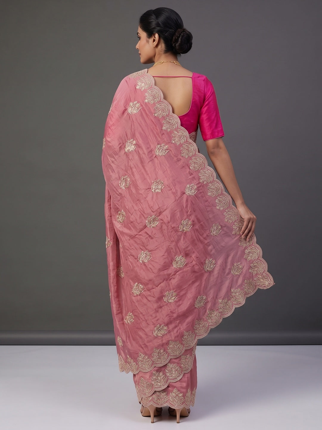 Classic Dusty Pink Silk Blend Crush Saree Beautifully Embellished With Floral Thread Embroidery - Image 2