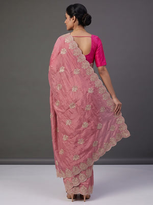 Classic Dusty Pink Silk Blend Crush Saree Beautifully Embellished With Floral Thread Embroidery - Image 2