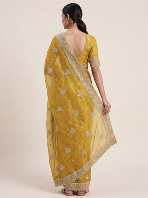 Mustard Cotton Blend Saree With Intricate Floral Thread Embroidery & Sparkling Sequins - Image 2