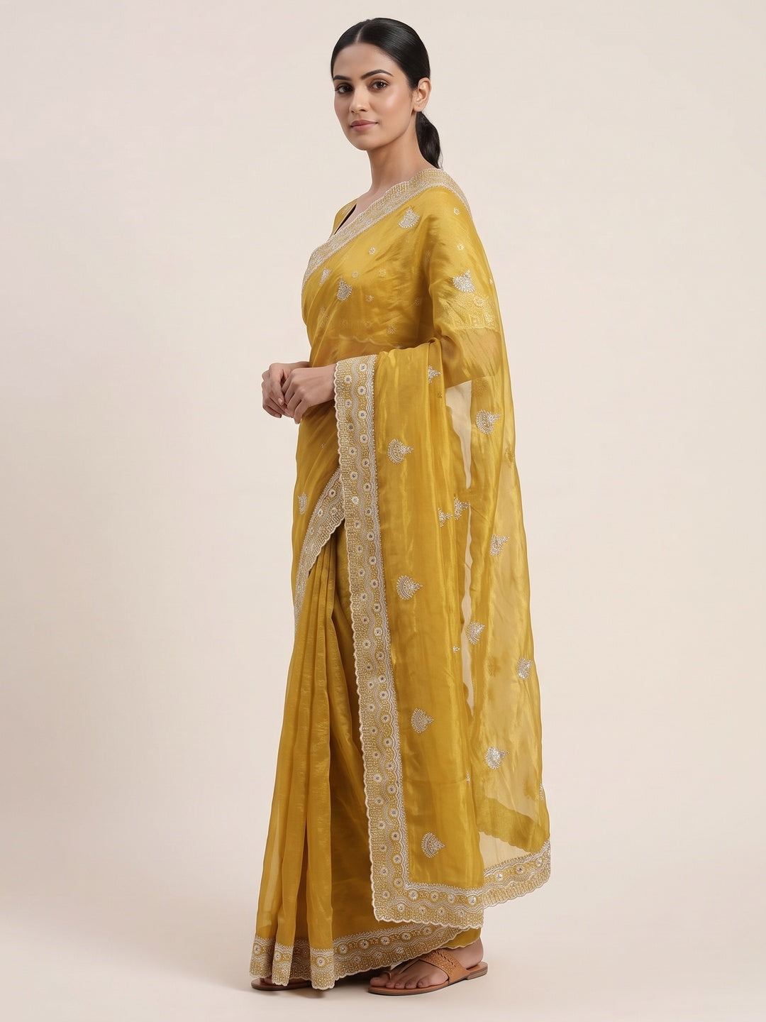Mustard Cotton Blend Saree With Intricate Floral Thread Embroidery & Sparkling Sequins - Image 3