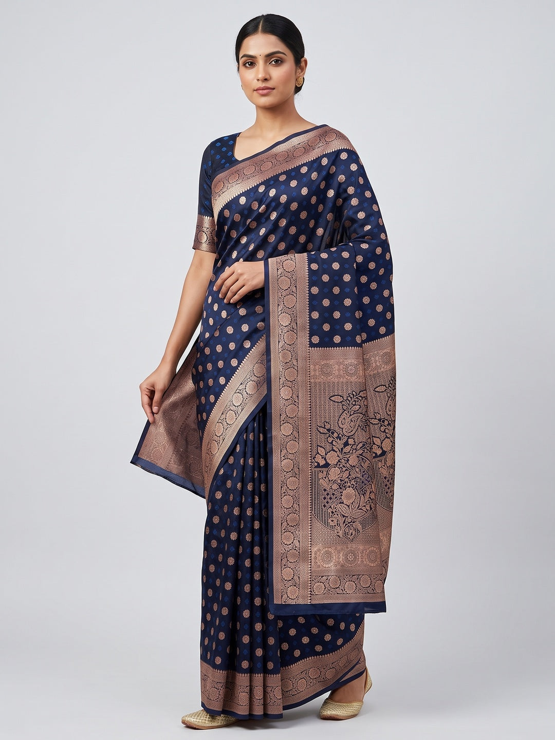 Navy Blue Classic Floral Zari Weaving Satin Silk Saree With Sophisticated Drape - Image 1