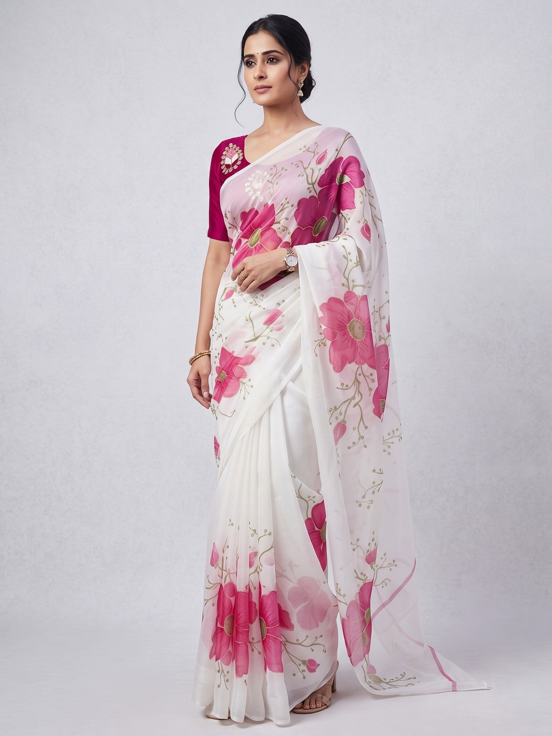 Vibrant White & Pink Floral Foil Printed Organza Saree With Designer Unstitched Blouse - Image 1