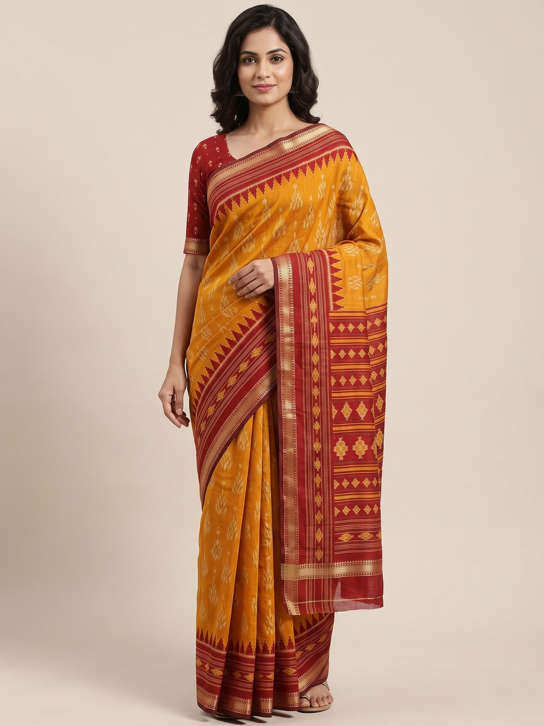 Soft Mulmul Cotton Saree in Mustard with Classic Patola Design - Image 1