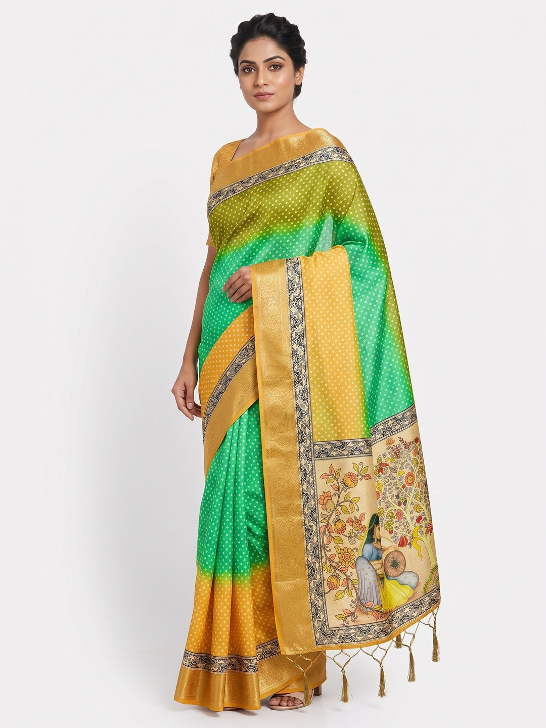 Mustard Bandhani Digital Printed Silk Blend Weaving Saree With Artistic Madhubani Pallu With Tassel - Image 1